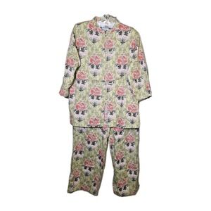 Asian Inspiried Pajama Set Mandarin Collar Button Green Floral Water Lilies M